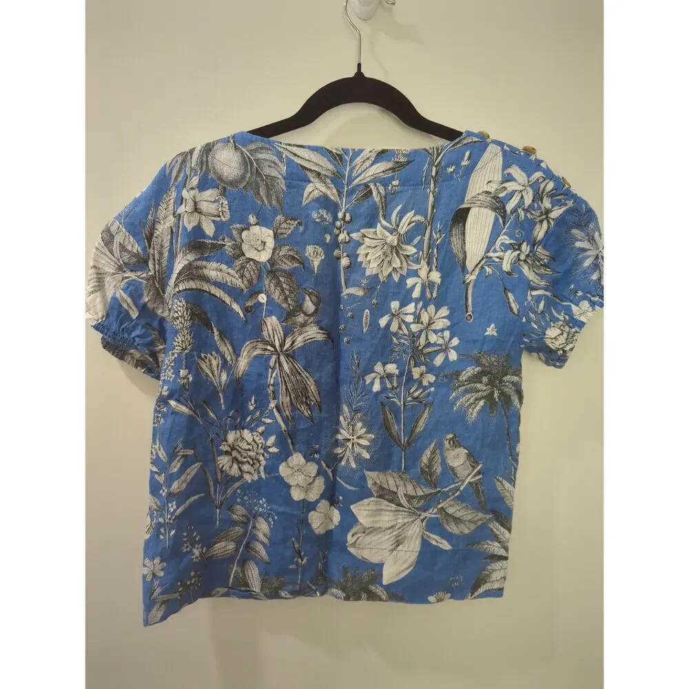 J Crew Linen Blue Tropical Print Top - Picture 6 of 6